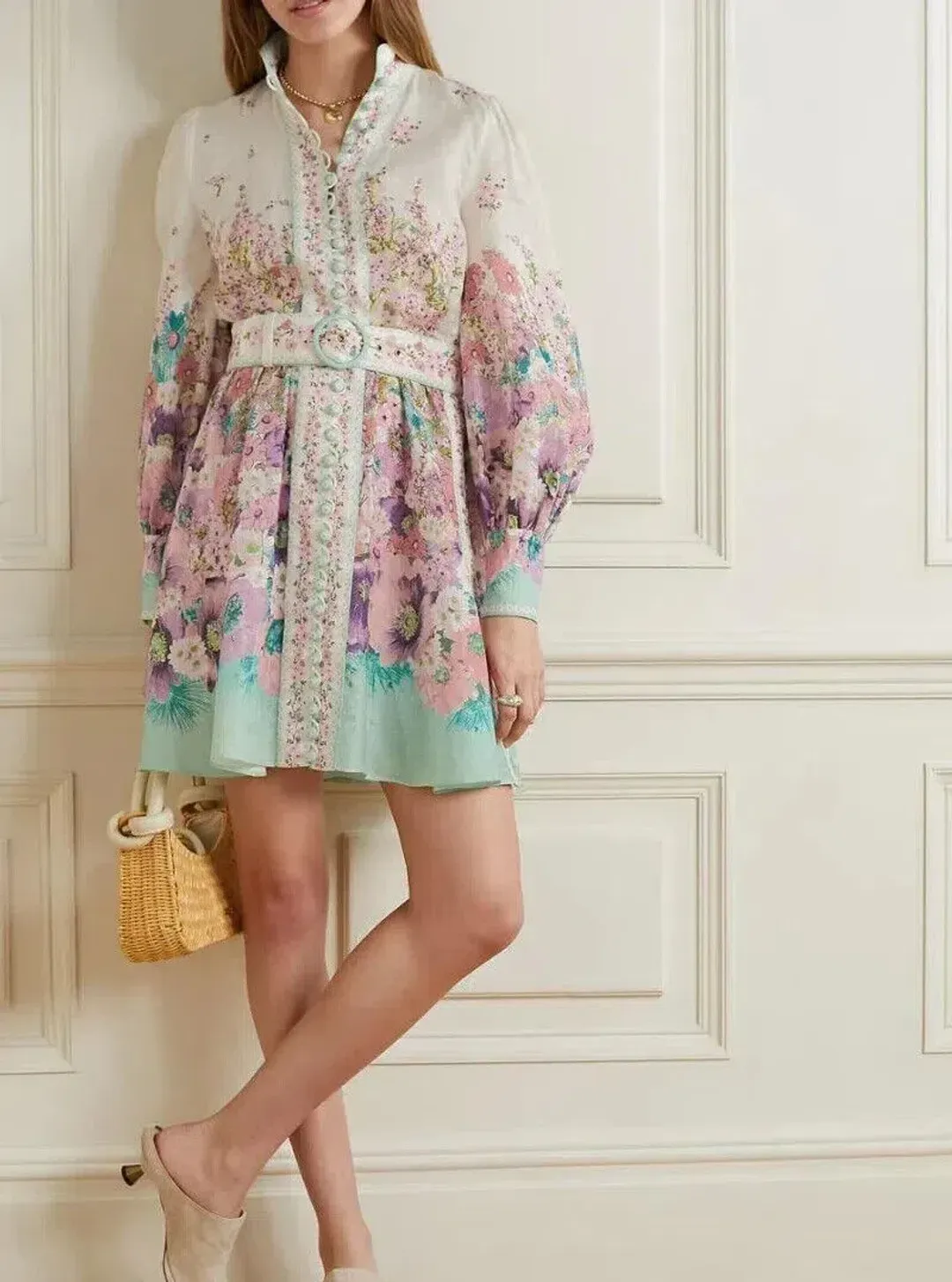 Zimmermann Jude Buttoned Mini Dress in Aqua Gradient Floral Size 0/Au 8 for rent on The Volte - main image