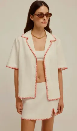 Venroy Blanket Stitch Linen Shirt & Skirt Set Pearl White Size 8 for rent on The Volte - image 2