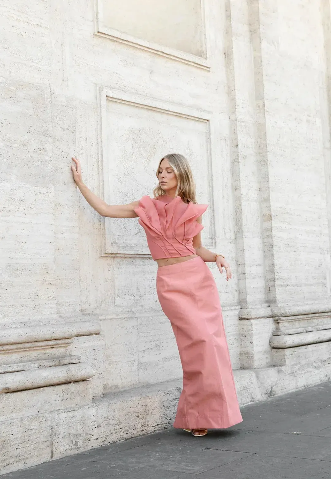 Aje Flame Crop Top and Mary Column Maxi Skirt Set in Guava Pink Size 10 for rent on The Volte - main image