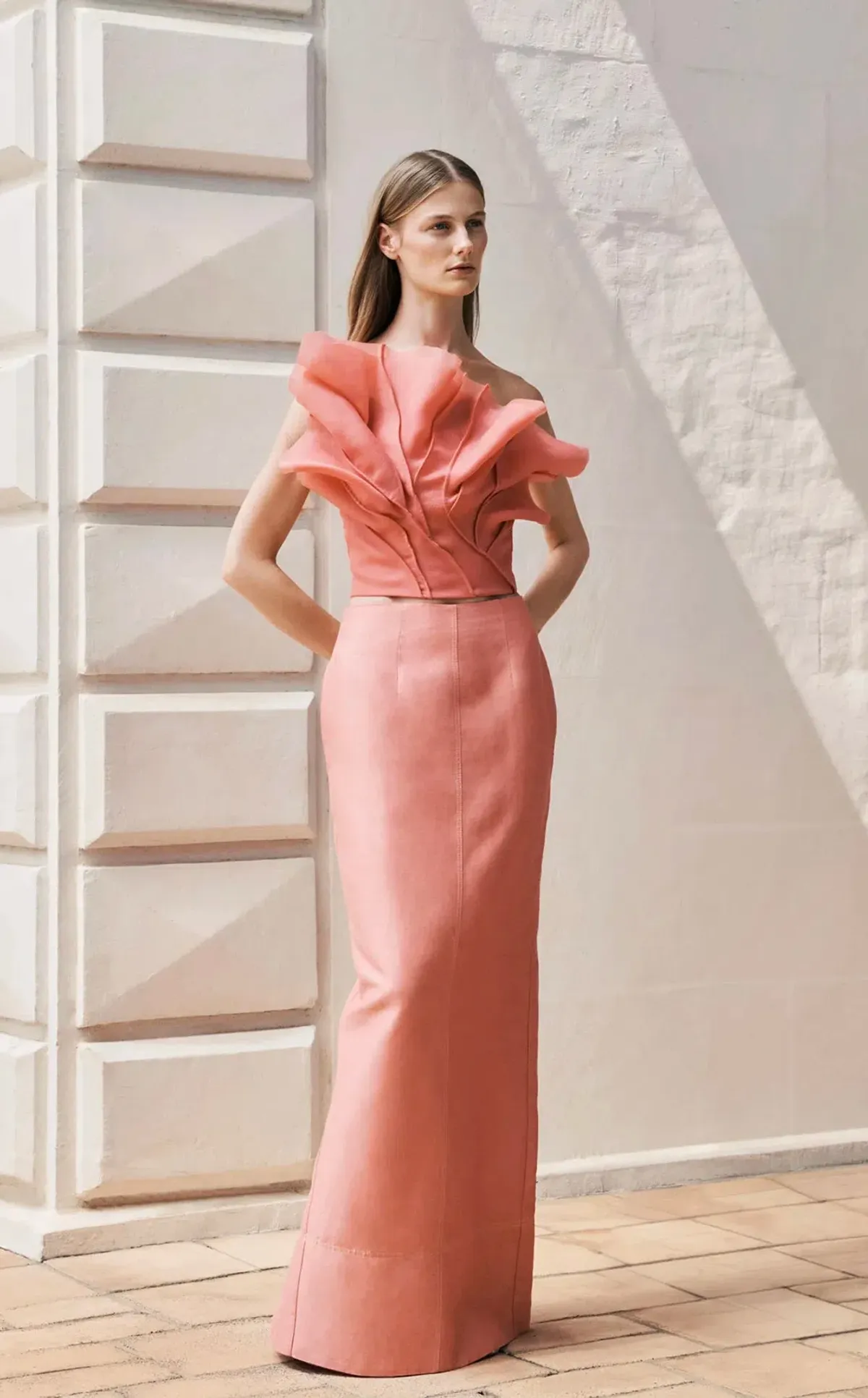 Aje Flame Crop Top and Mary Column Maxi Skirt Set in Guava Pink Size 10 for rent on The Volte - main image