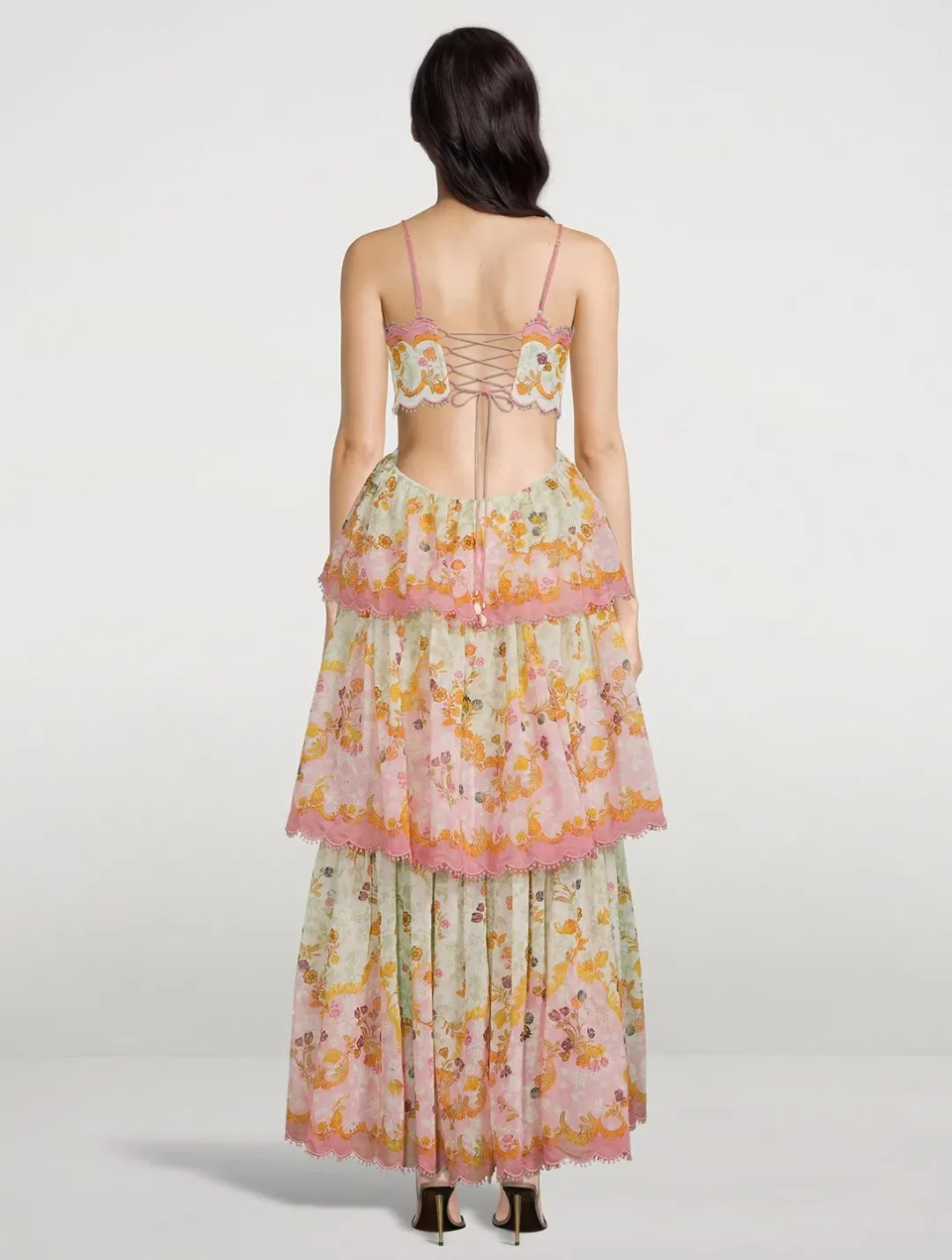 Zimmerman Laurel Frill Midi Dress In Pink Green Floral Size 1/Au 10 for rent on The Volte - main image