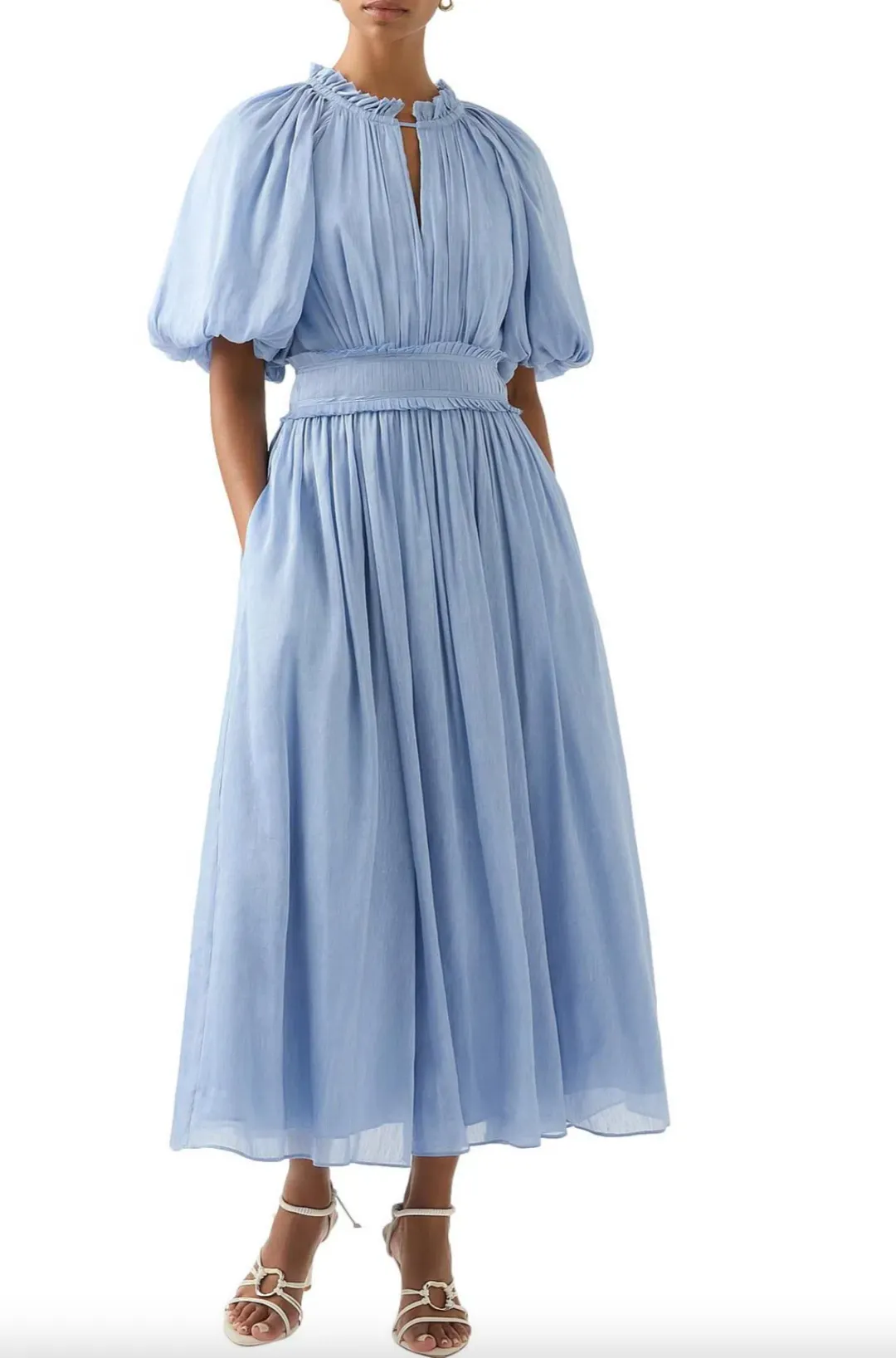 Aje Elysium Blouson Midi Dress Steel Blue Size 6 for rent on The Volte - main image
