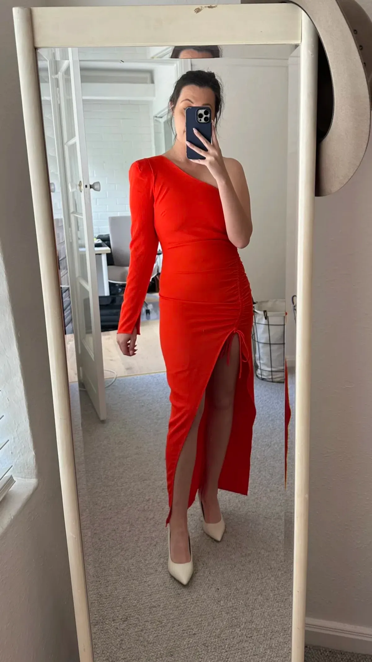 By Johnny Serefina Asymmetric Gather Midi Dress Scarlet Red Size 8 - Image 4