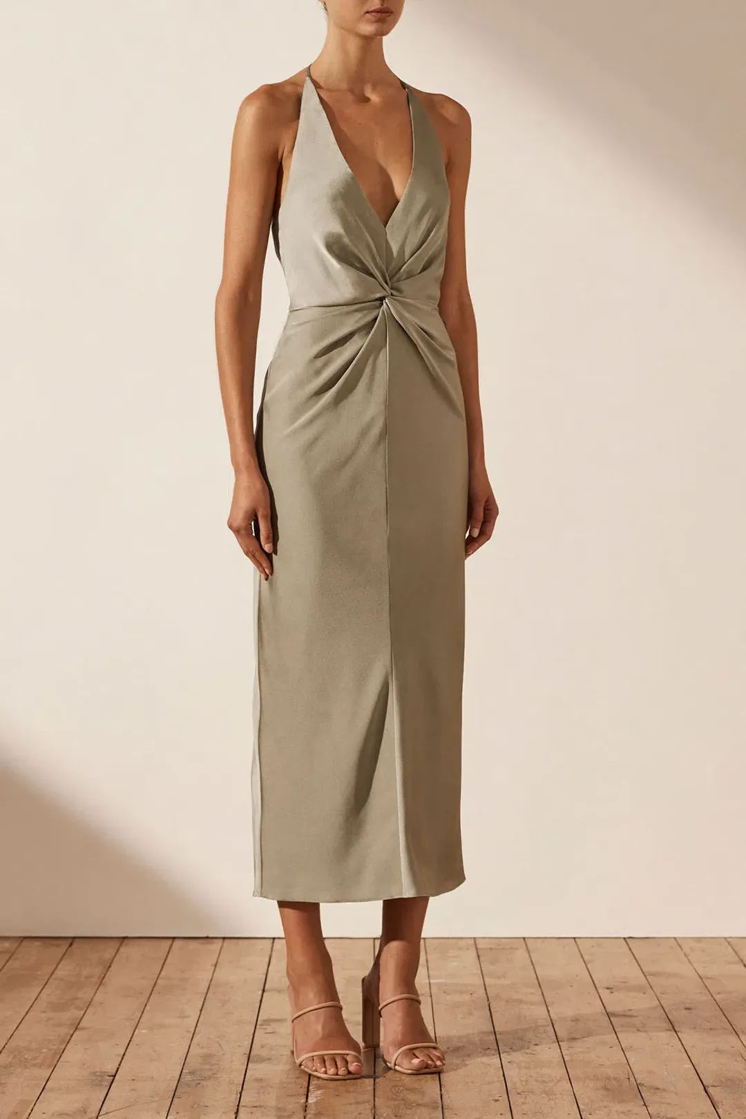 Shona Joy Luxe Twist Front Halter Midi Dress Eucalyptus Size AU 14 for rent on The Volte - main image
