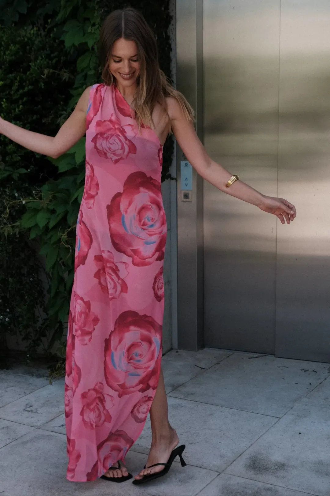 With Harper One Shoulder Sheer Maxi in Pink Rose Size Small / AU 8 for rent on The Volte - main image