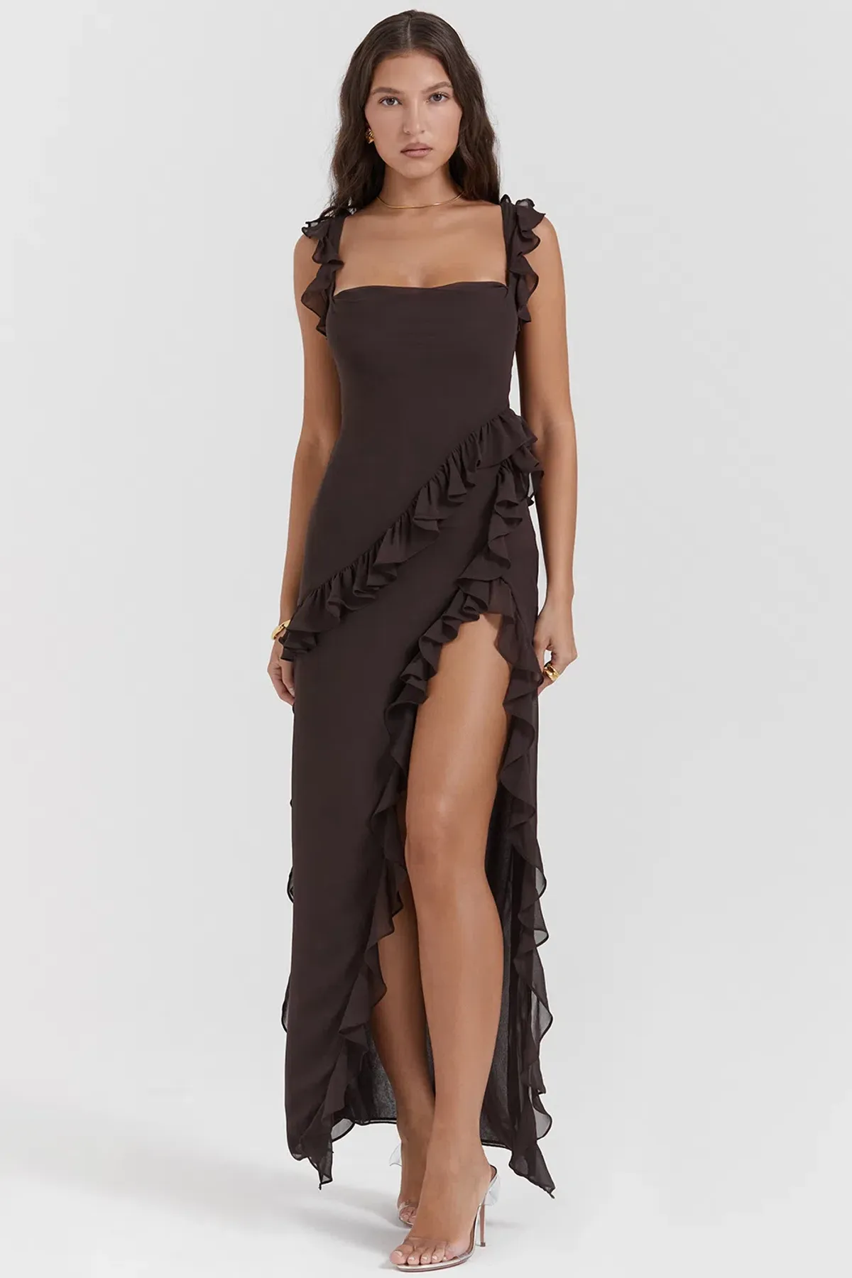 House of CB Ariela Ruffle Maxi Dress in Expresso Size S/ AU 8 - Image 1