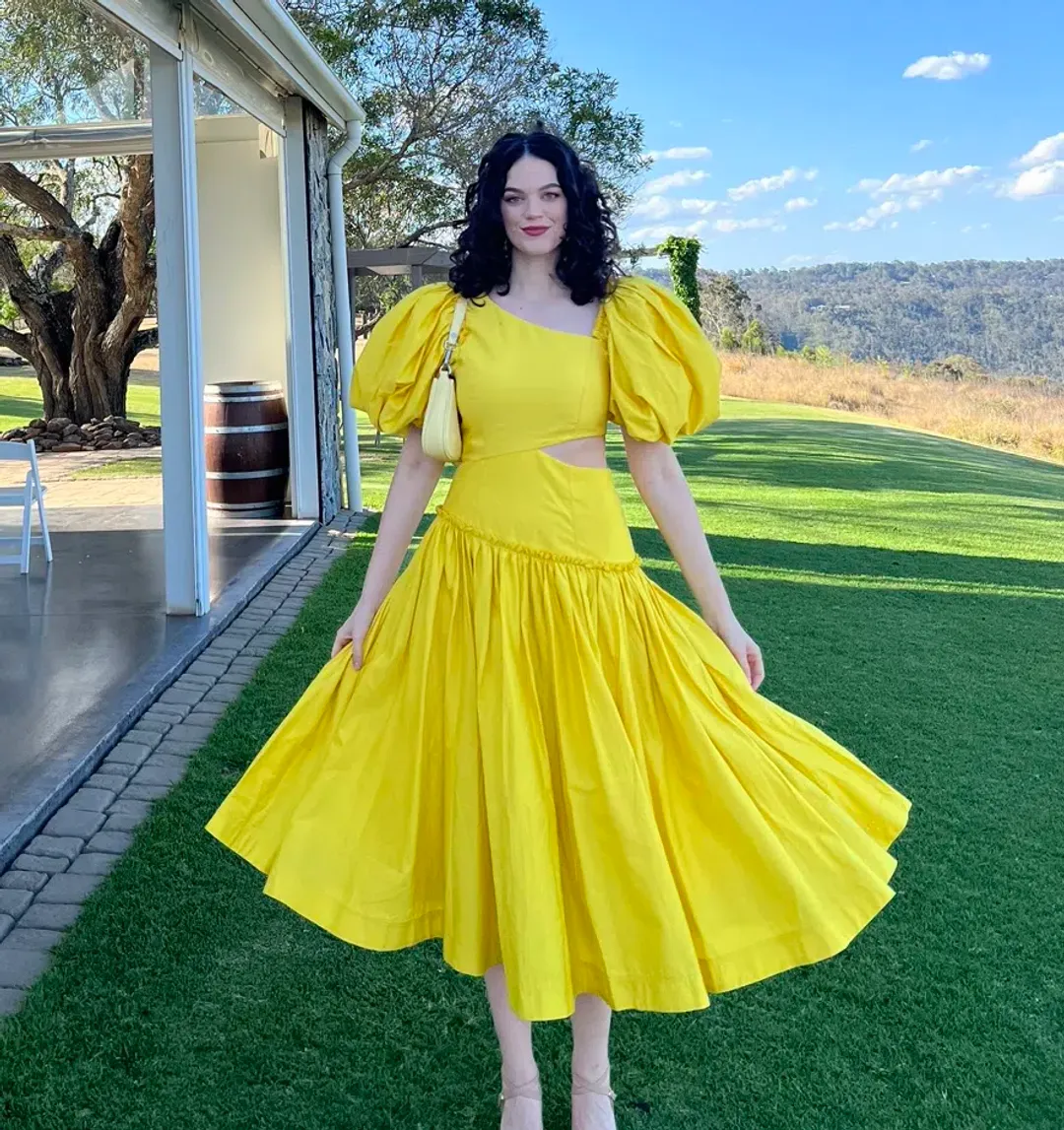 Aje Chateau Cut Out Midi Dress Sun Shower Yellow Size 10 for rent on The Volte - main image
