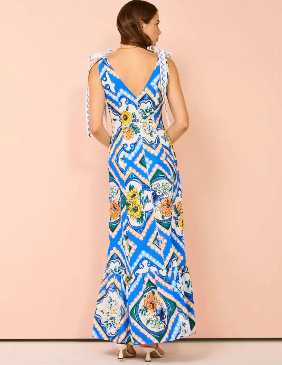 By Nicola Adoncia Tie Shoulder Maxi Dress Azure Floral Size 6 for rent on The Volte - main image