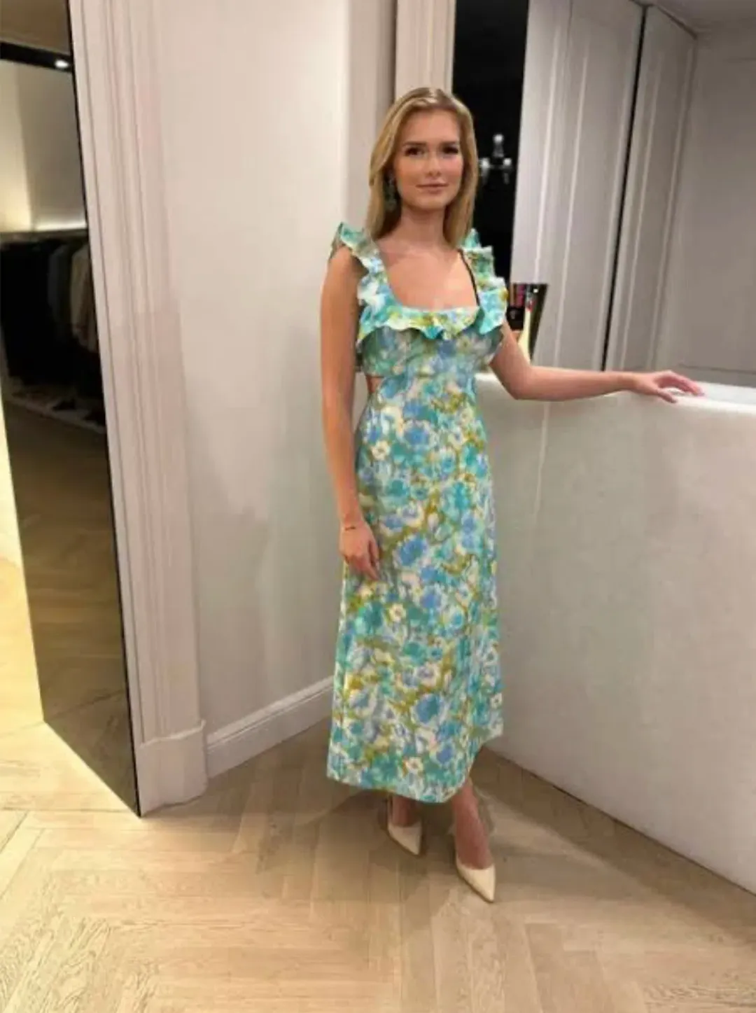 Zimmermann High Tide Ruffle Midi Dress Aqua Ikat Floral Size 1 / AU 10 for rent on The Volte - main image