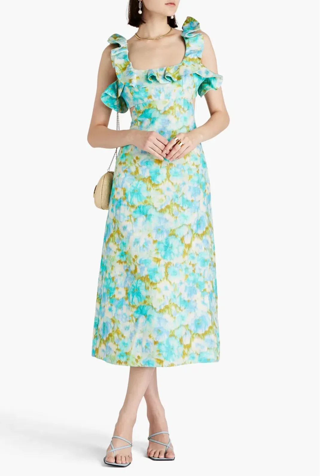 Zimmermann High Tide Ruffle Midi Dress Aqua Ikat Floral Size 1 / AU 10 for rent on The Volte - main image