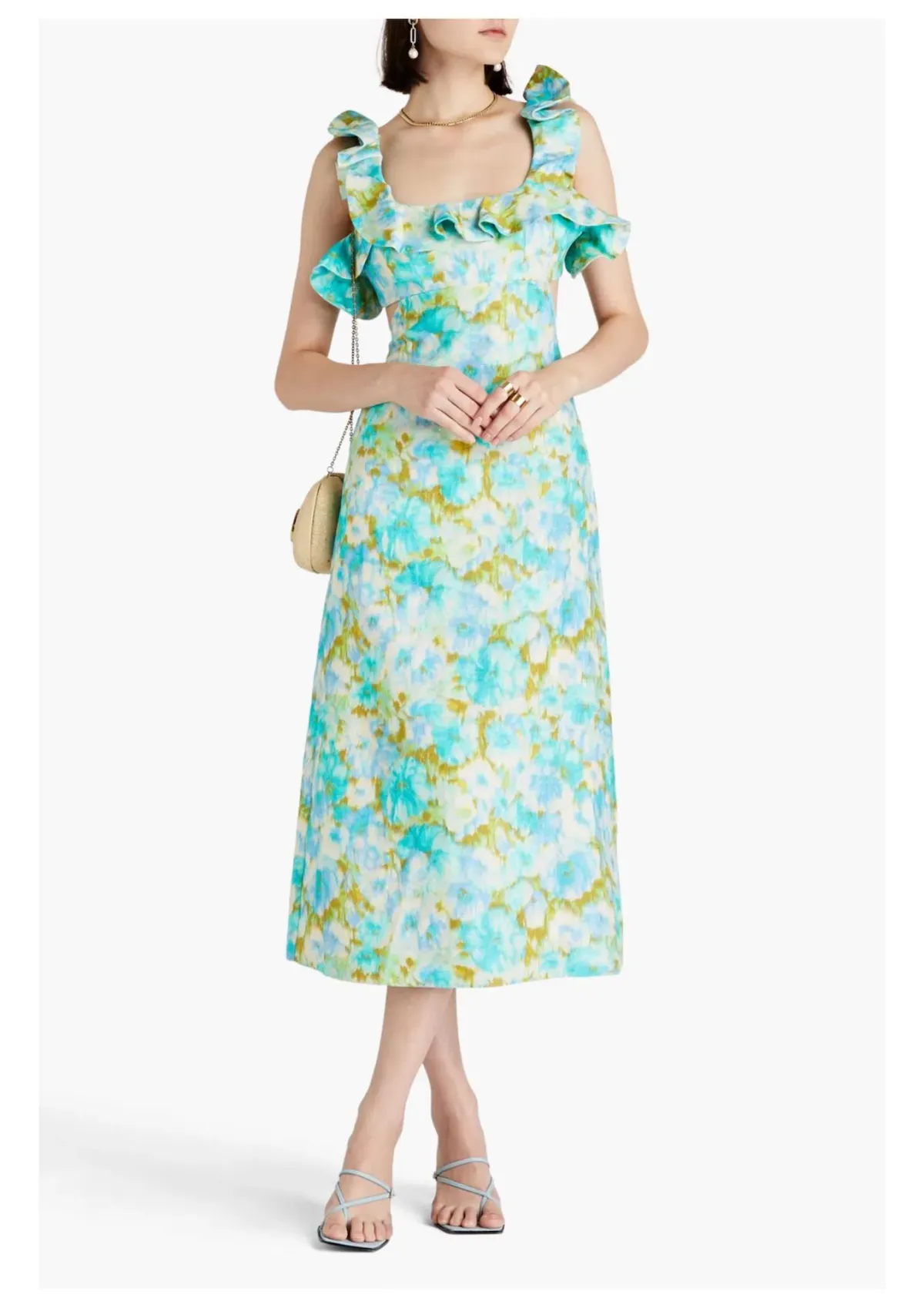 Zimmermann High Tide Ruffle Midi Dress Aqua Ikat Floral Size 1 / AU 10 for rent on The Volte - main image