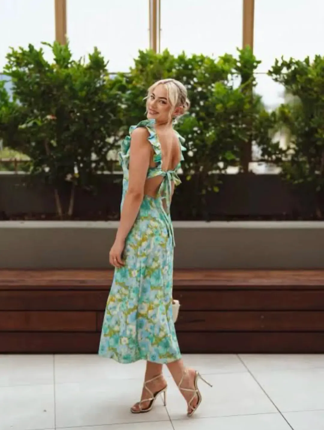 Zimmermann High Tide Ruffle Midi Dress Aqua Ikat Floral Size 1 / AU 10 for rent on The Volte - main image