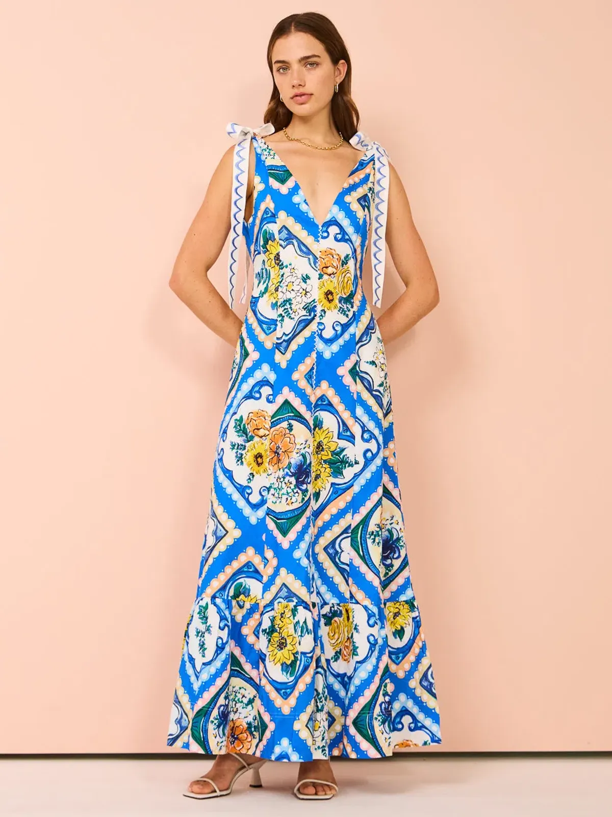 By Nicola Adoncia Tie Shoulder Maxi Dress in Azure Floral Size 12 - Image 1