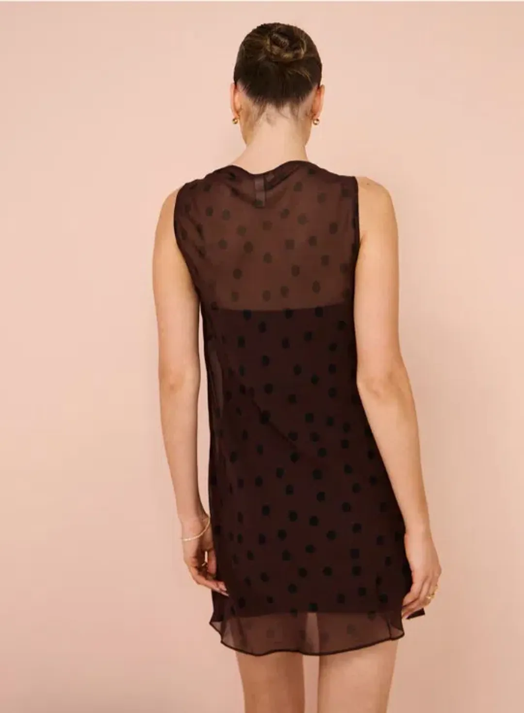 Bec & Bridge Turner Boatneck Mini Sheer Spot Dress In Chocolate/Black Size 10 for rent on The Volte - main image