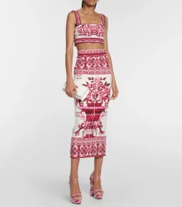 Dolce & Gabbana Majolica Top and Silk Blend Midi Skirt in Red Set Size 10 for rent on The Volte - image 2
