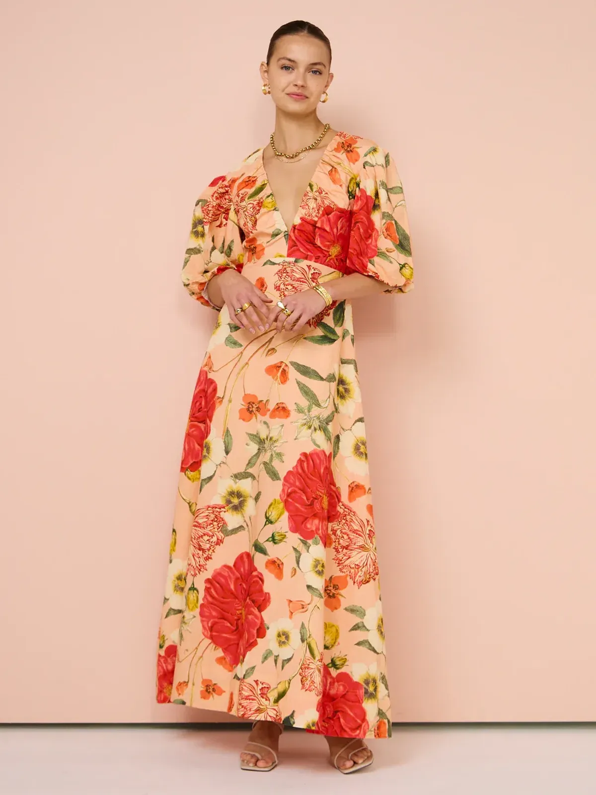 By Nicola Bolero Maxi Gathered Neckline Dress in Raspberry Punch Floral Size 14 for rent on The Volte - main image