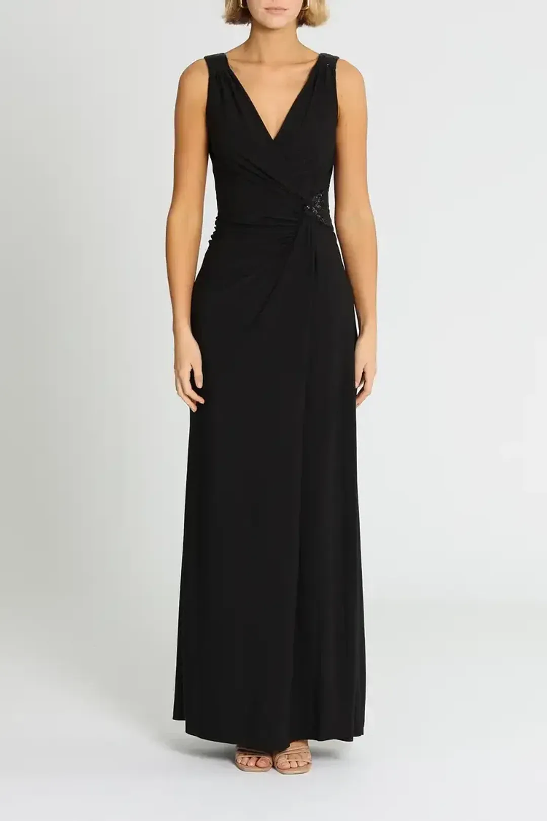 Montique Amalia Jersey Wrap Gown in Black Size 12 for rent on The Volte - main image