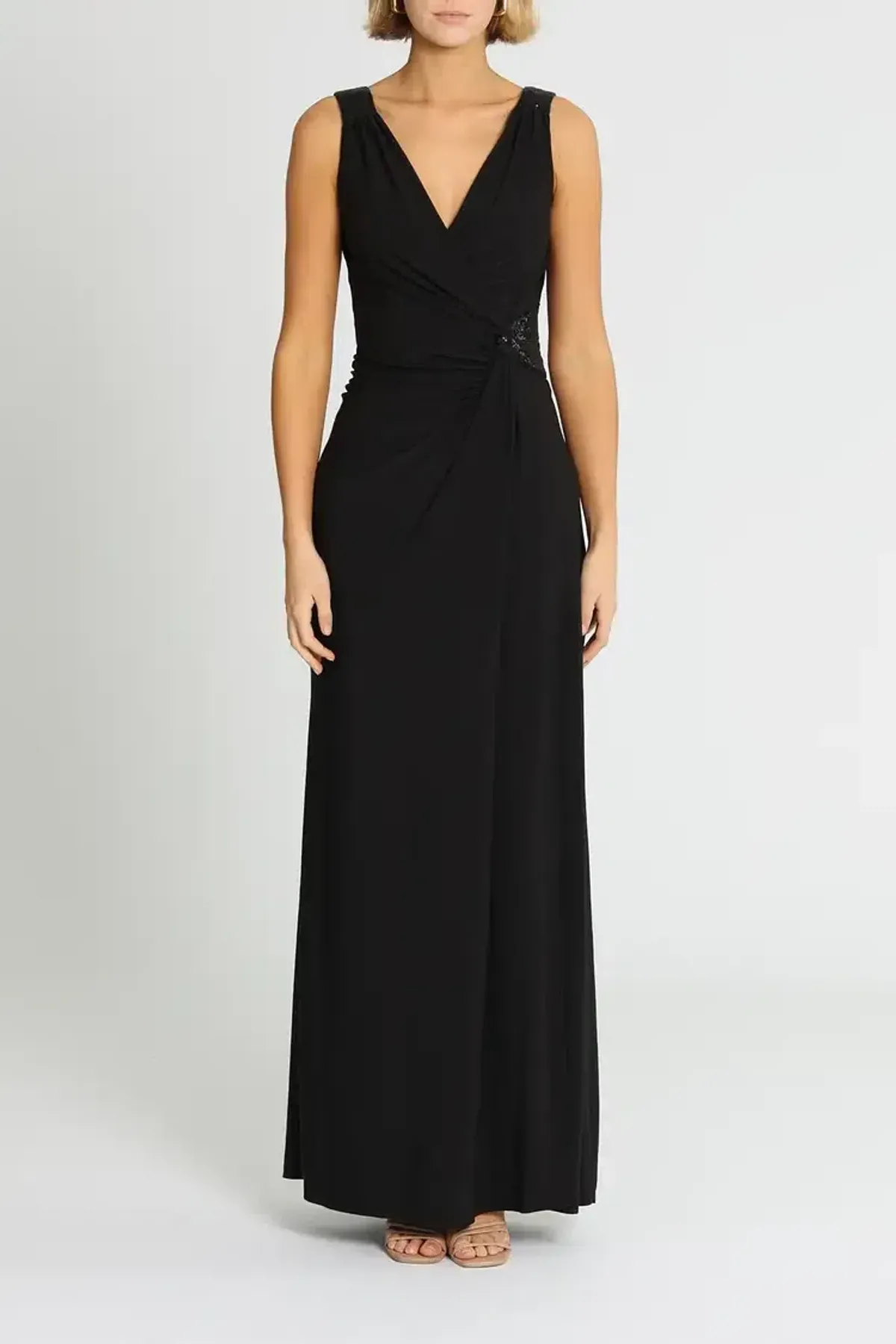 Montique Amalia Jersey Wrap Gown in Black Size 12 for rent on The Volte - main image