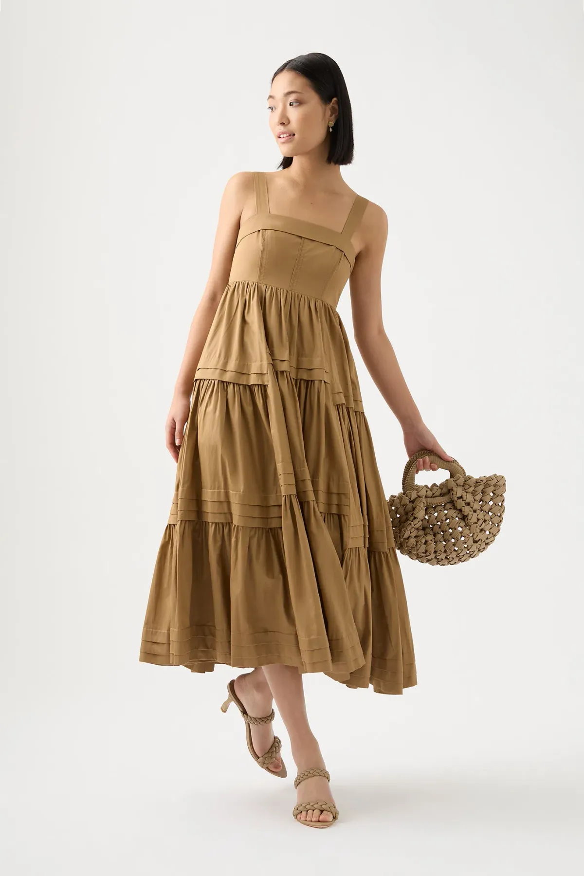 Aje Sophie Tiered Midi Dress Willow Brown Size 8 - Image 1
