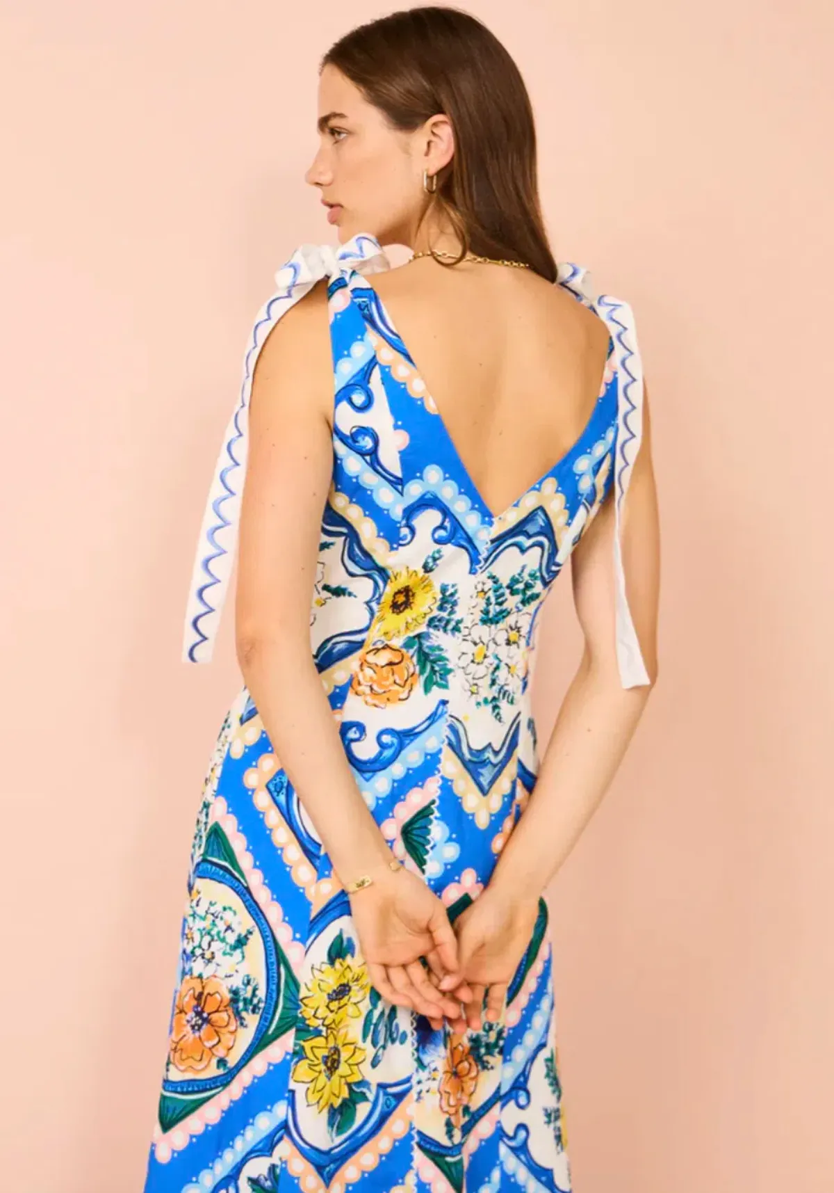 By Nicola Adocia Tie Shoulder Maxi Dress Azure Blue Floral Size 10 - Image 6