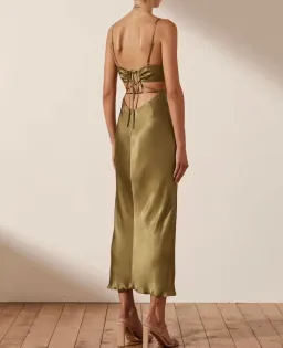 Shona Joy Alma Backless Midi Dress In Cumin Size 6 for rent on The Volte - image 3