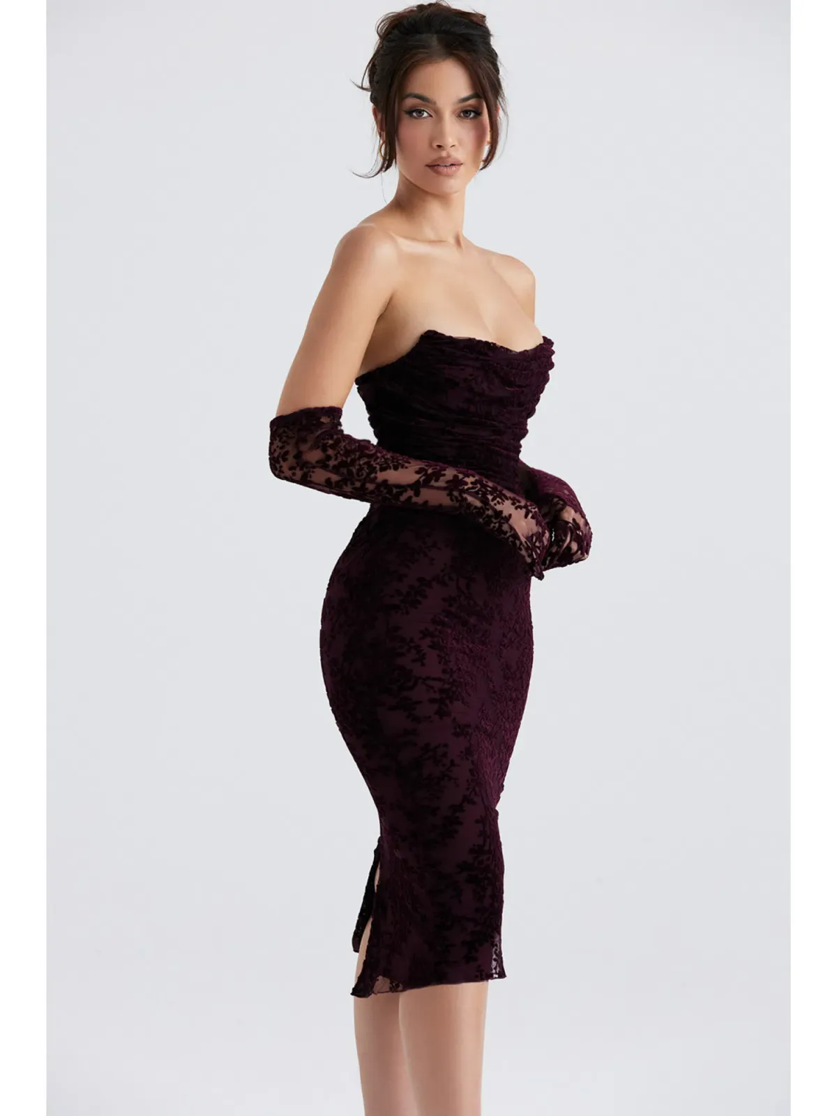 House Of CB Isadora Devore Corset Dress Black Cherry Size XS / AU 6 - Image 3