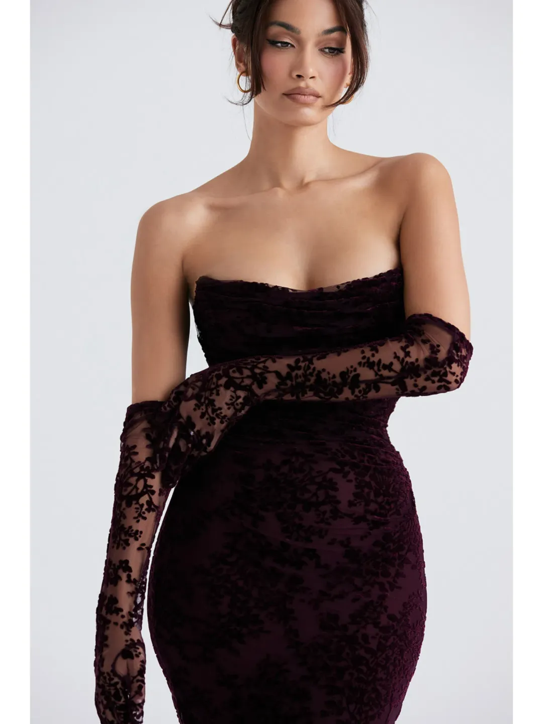 House Of CB Isadora Devore Corset Dress Black Cherry Size XS / AU 6 for rent on The Volte - main image