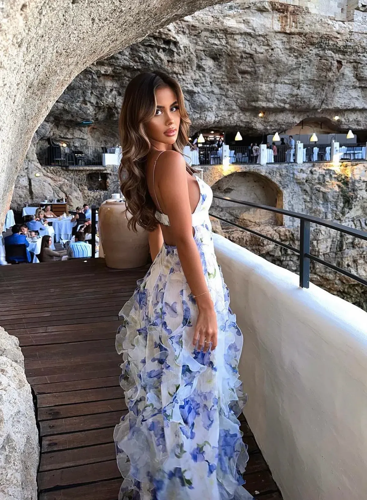 Menti Santorini Iris Flower Maxi Dress Blue Roses Chiffon Print Size XS / AU 6 - Image 4