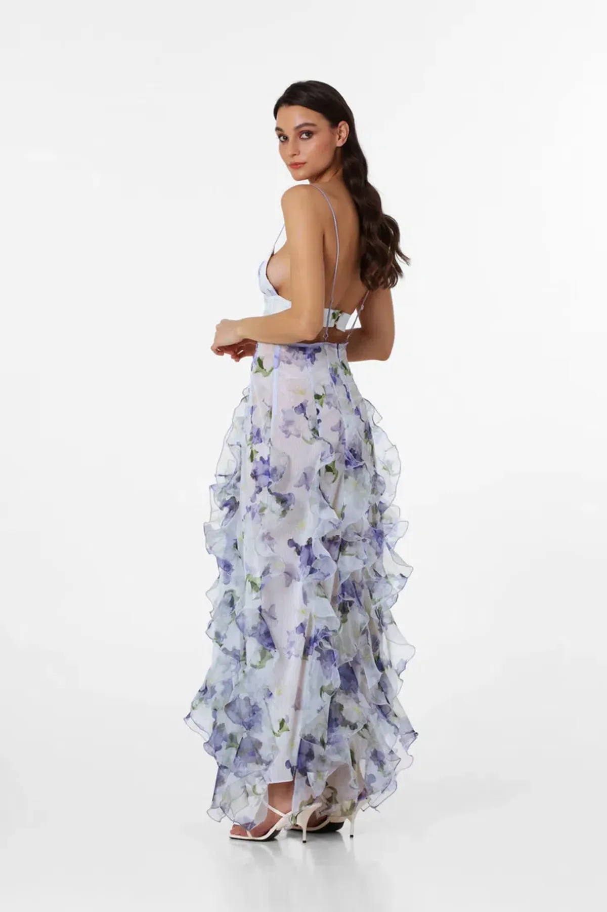 Menti Santorini Iris Flower Maxi Dress Blue Roses Chiffon Print Size L / AU 12 - Image 2