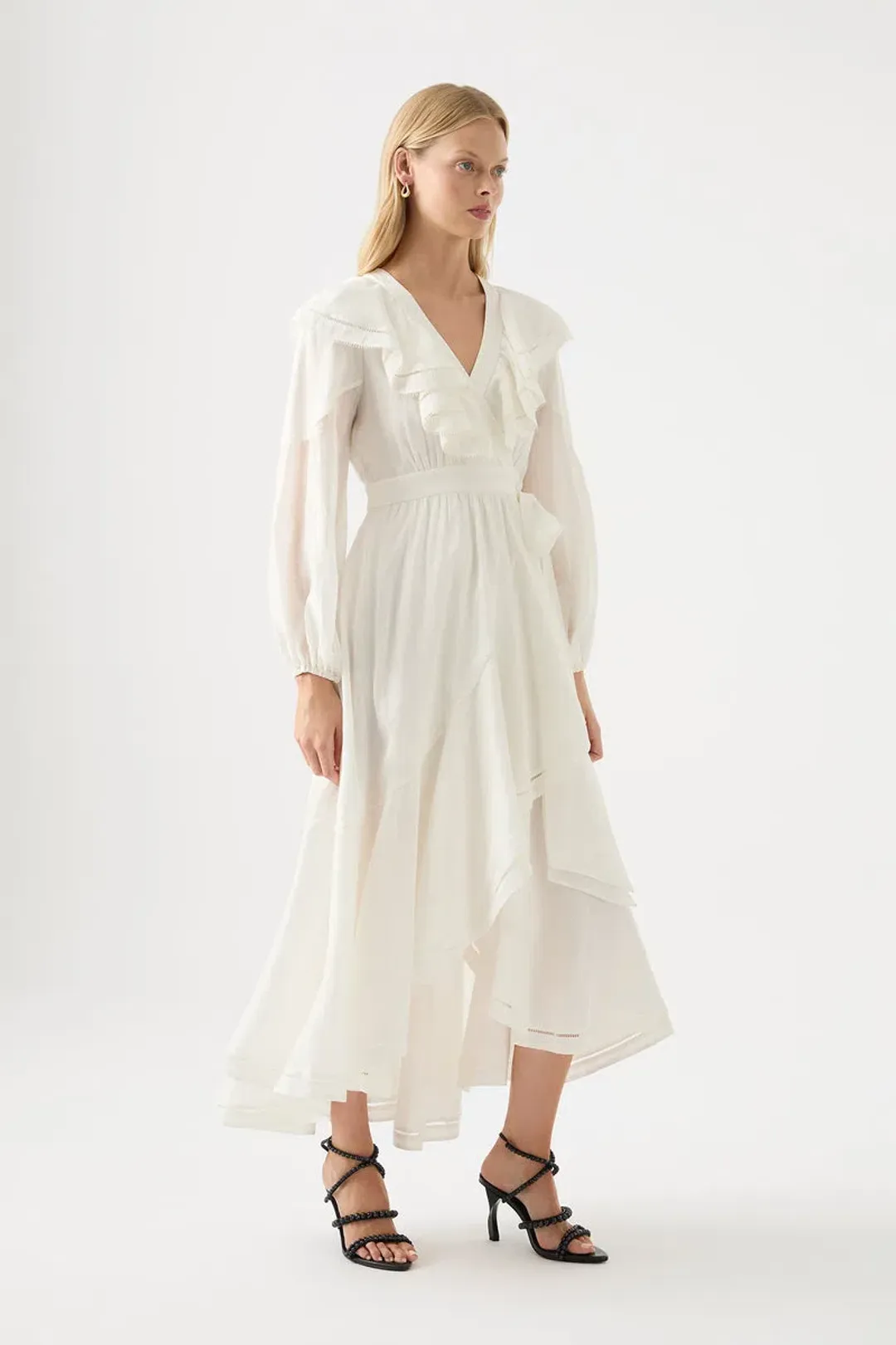 Aje Zoe Ruffle Wrap Midi Dress in Ivory Size 8 for rent on The Volte - main image