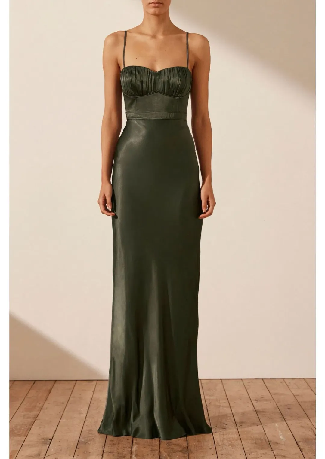 Shona Joy La Lune Corded Ruched Maxi Dress in Forest Green Size 8 for rent on The Volte - main image