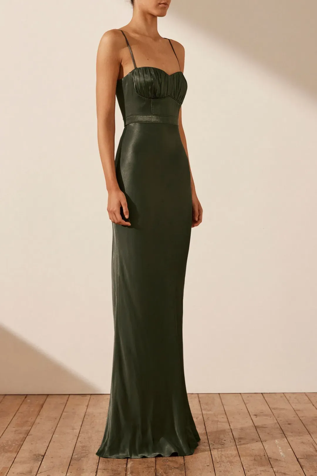 Shona Joy La Lune Corded Ruched Maxi Dress in Forest Green Size 8 for rent on The Volte - main image
