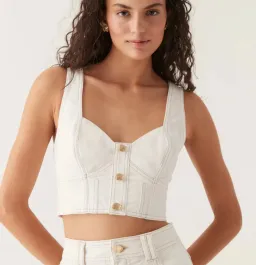 Aje Elena Denim Cropped Bustier Size 8 and Belmond Denim Midi Skirt Size 6 Set in Ivory for rent on The Volte - image 2