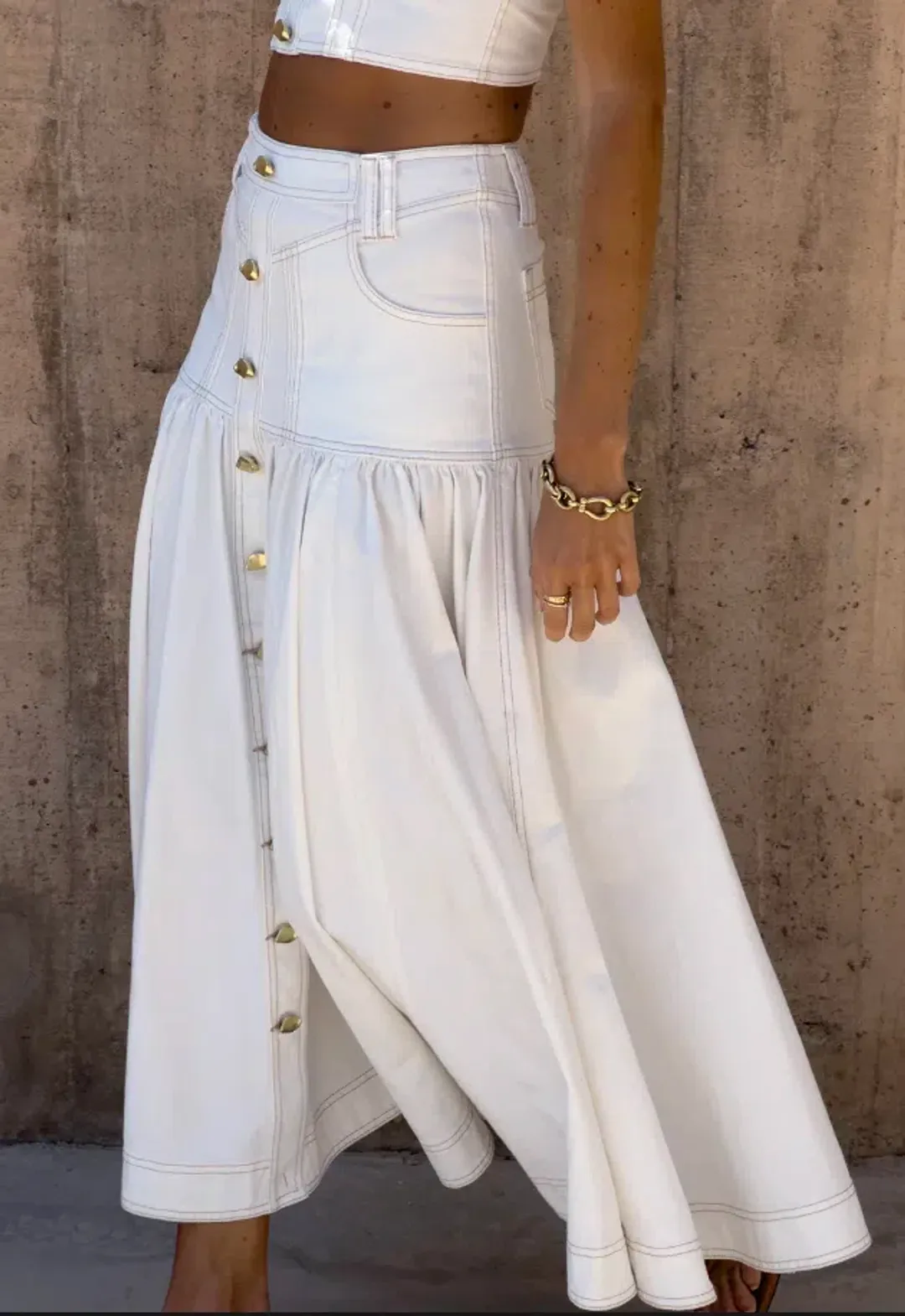 Aje Elena Denim Cropped Bustier Size 8 and Belmond Denim Midi Skirt Size 6 Set in Ivory for rent on The Volte - main image