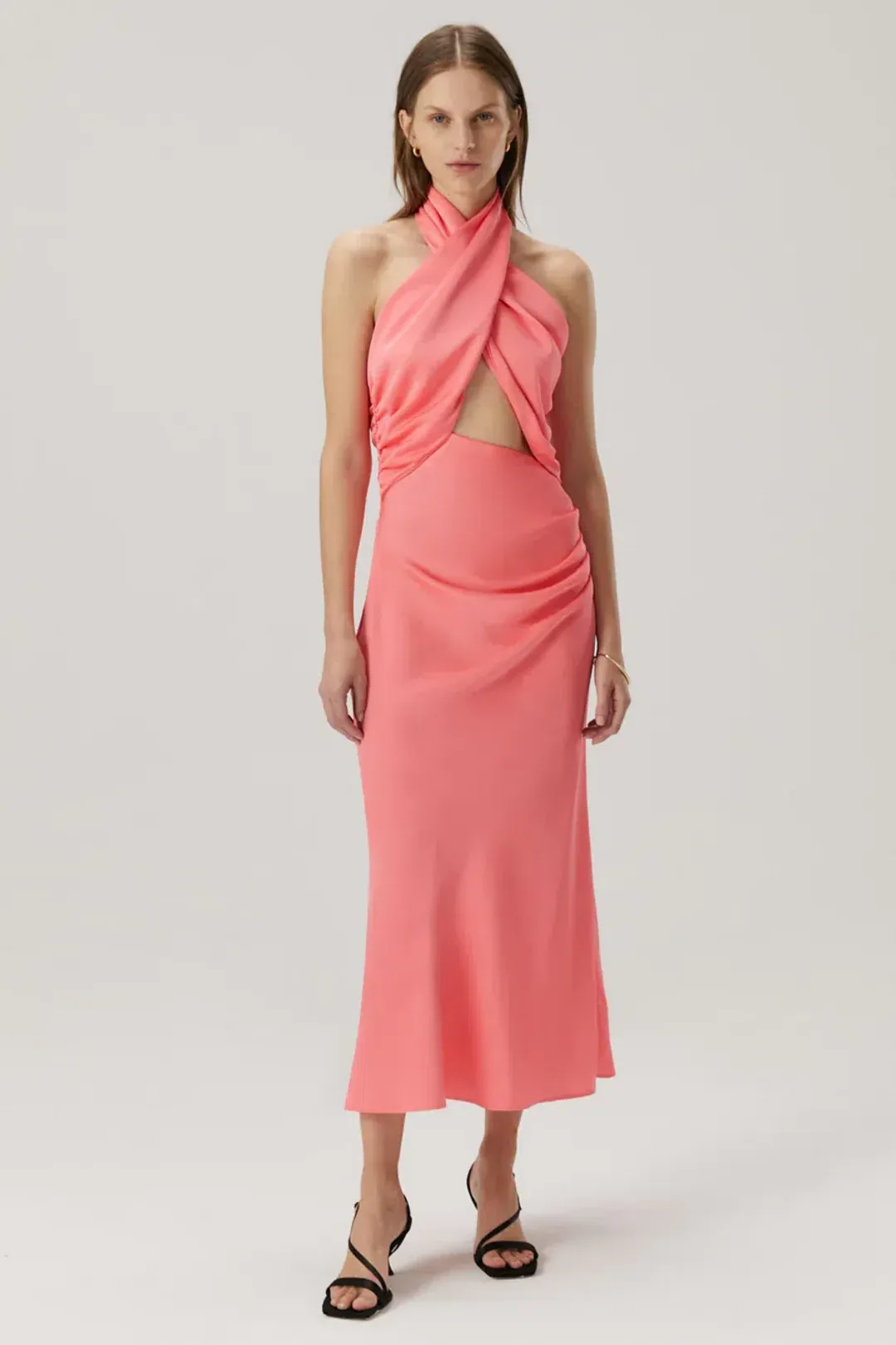 MISHA Linnea Satin Midi Dress Watermelon Pink Size 8/S for rent on The Volte - main image