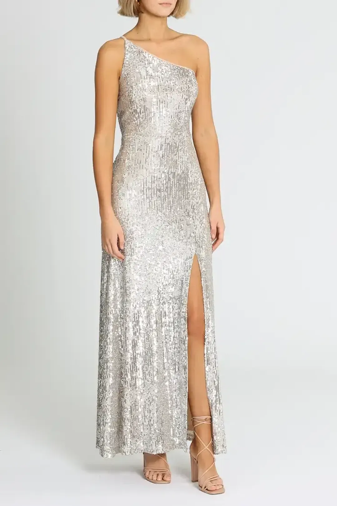 Montique Elle Sequin Mink Gown in Mink Size 12 for rent on The Volte - main image