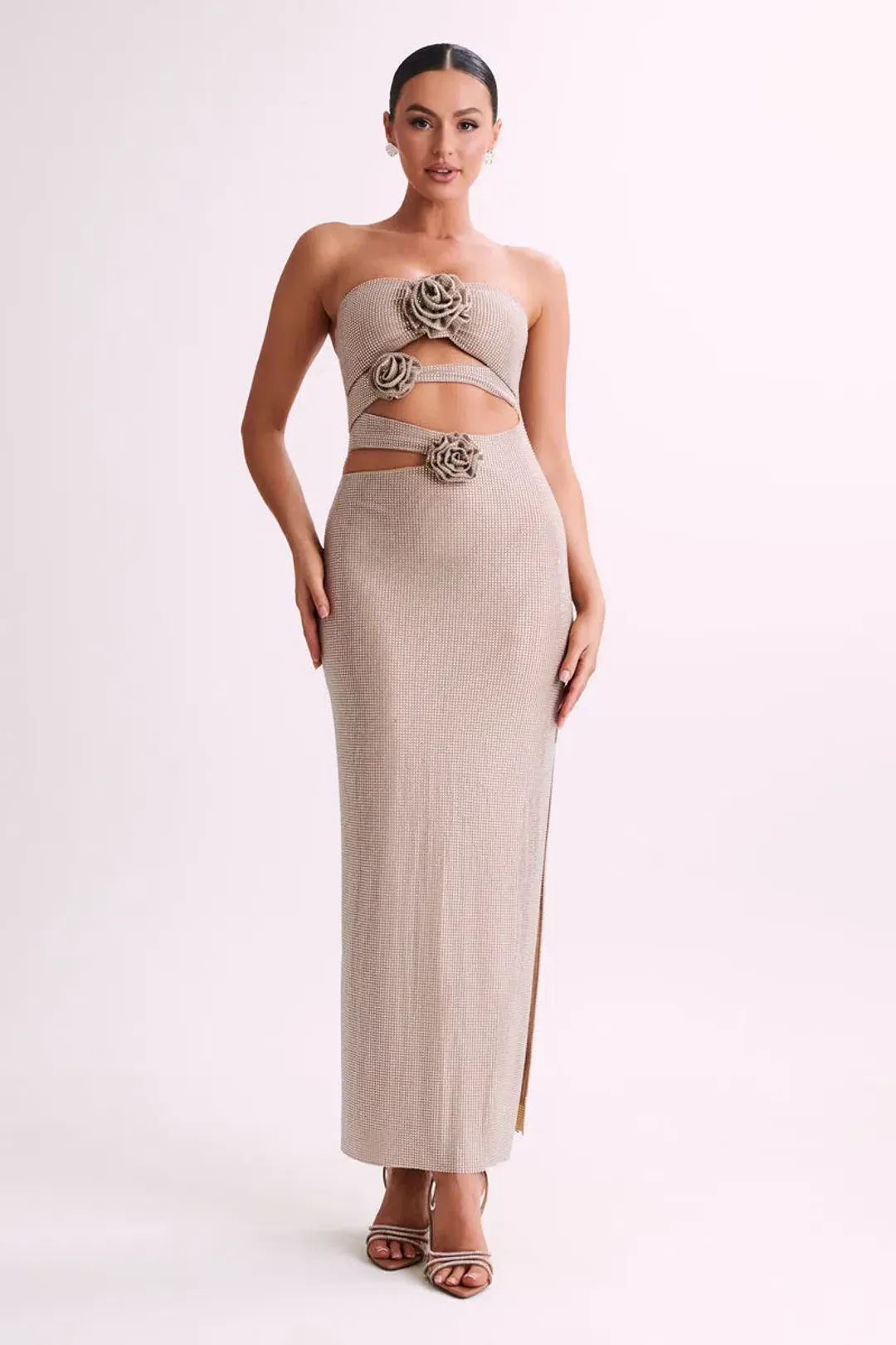 Meshki Stassie Strapless Rose Diamante Maxi Dress Nude Size S / AU 8 for rent on The Volte - main image