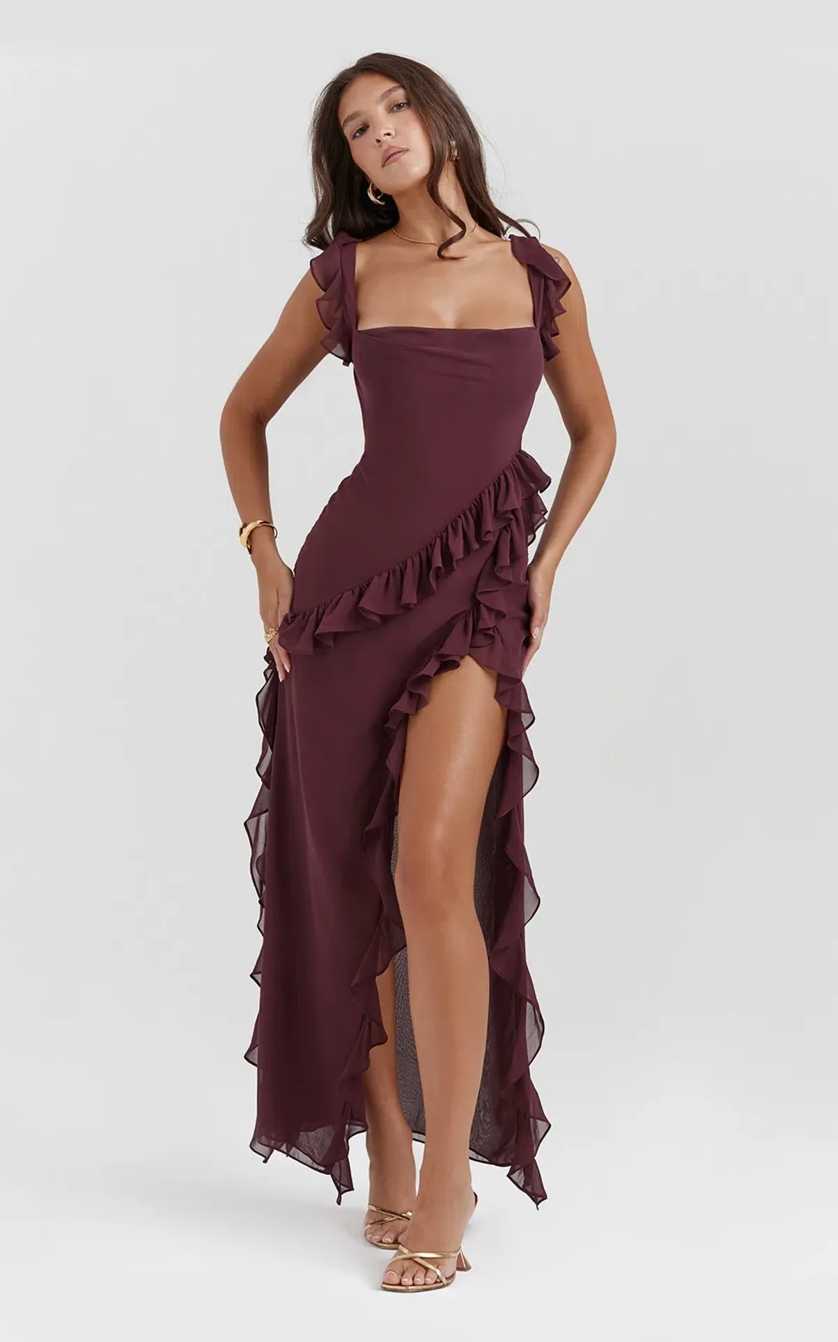 House of CB Ariela Mulberry Ruffle Maxi Dress Burgundy Size M/ AU 10-12 for rent on The Volte - main image