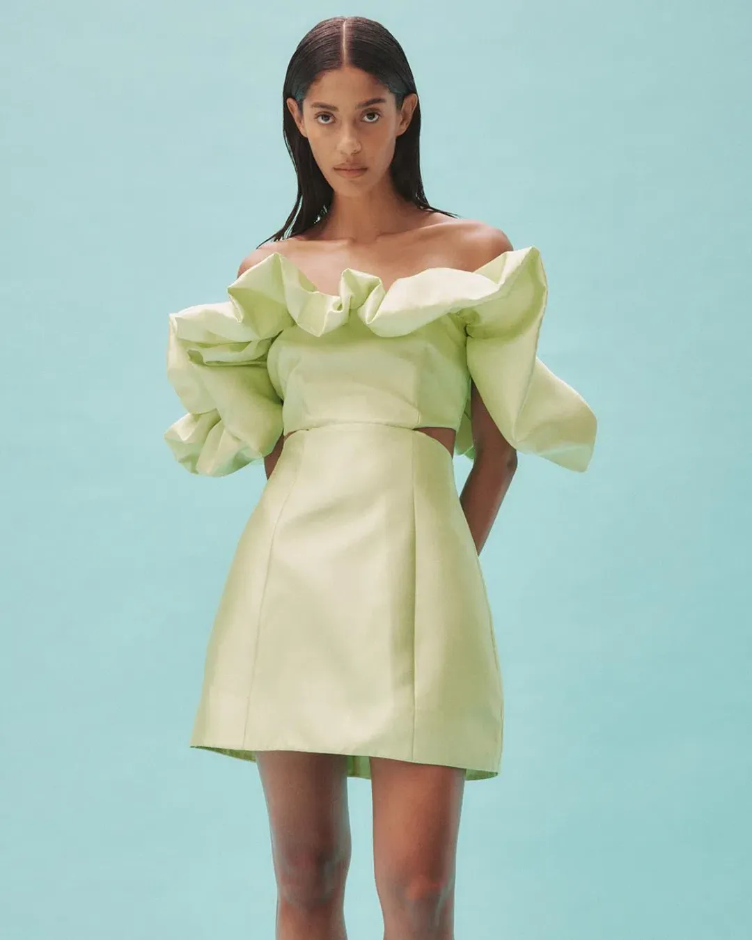 Alemais Suzi Off Shoulder Mini Dress in Green Size 10 for rent on The Volte - main image