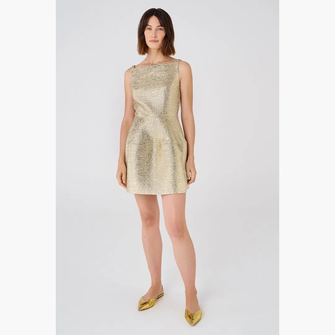 Oroton Metallic Mini Dress Gold Size 10 for rent on The Volte - main image