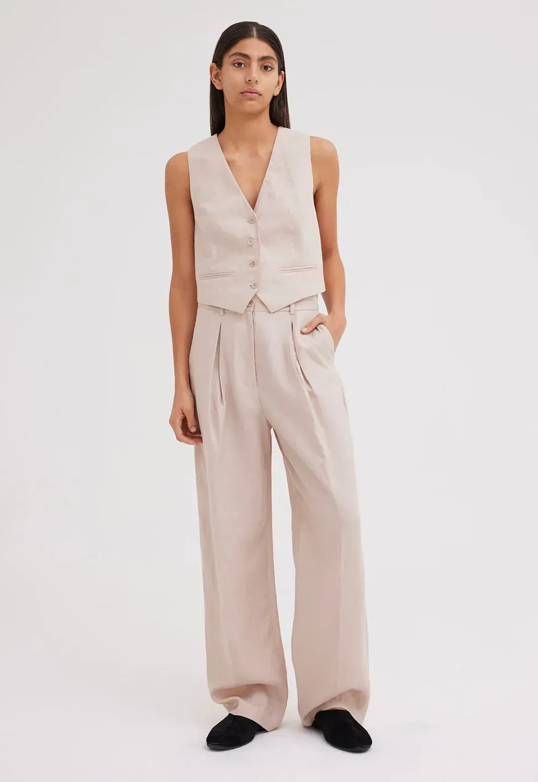 Jac + Jack Seed Linen Waistcoat Vest Stone Neutral Size 8 for rent on The Volte - main image