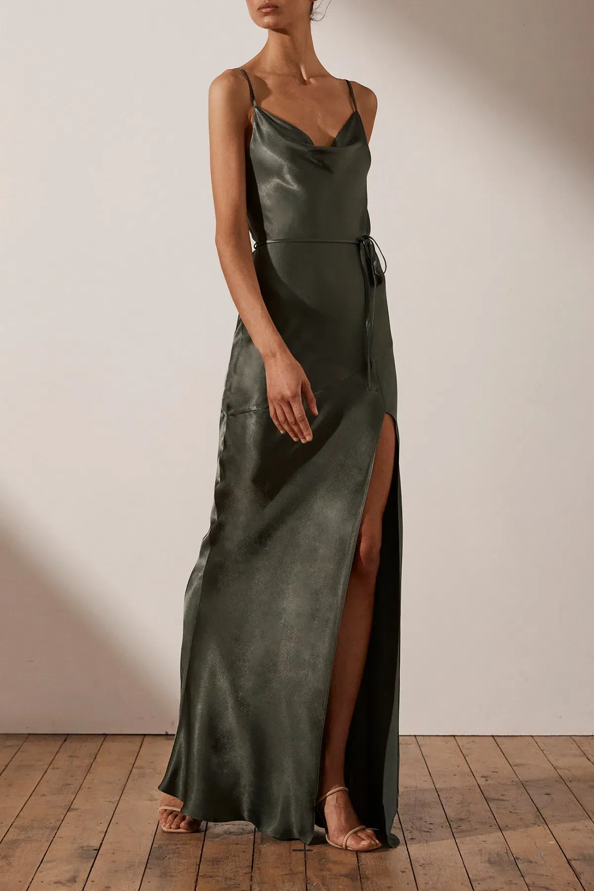 Shona Joy La Lune Bias Cowl Maxi Dress In Olive Size 8 - Image 2