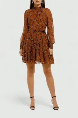 Nicholas High Neck Button Mini Dress in Tobacco Multi Size 6 for rent on The Volte - image 2