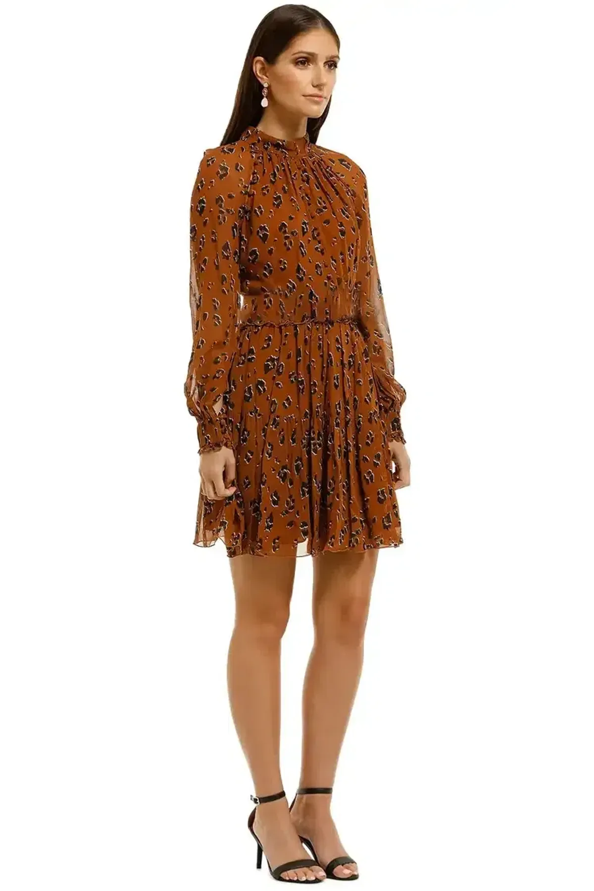 Nicholas High Neck Button Mini Dress in Tobacco Multi Size 6 for rent on The Volte - main image
