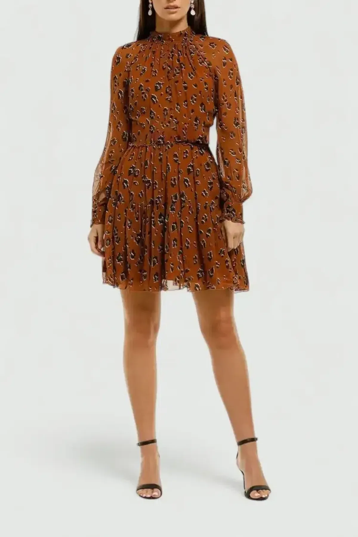 Nicholas High Neck Button Mini Dress in Tobacco Multi Size 8 - Image 2