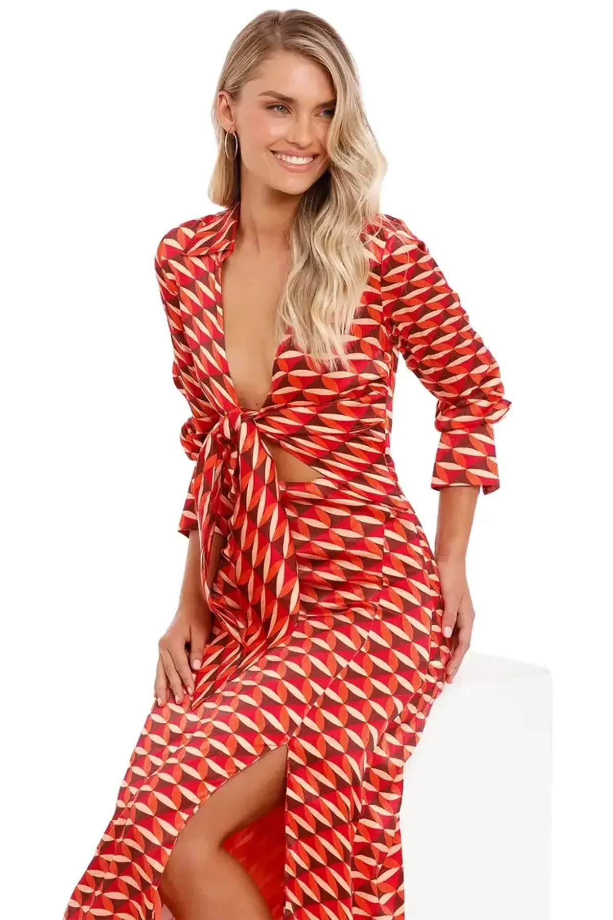 Nicholas Perle Tie Front Midi Dress in Geo Print Size 16 - Image 3
