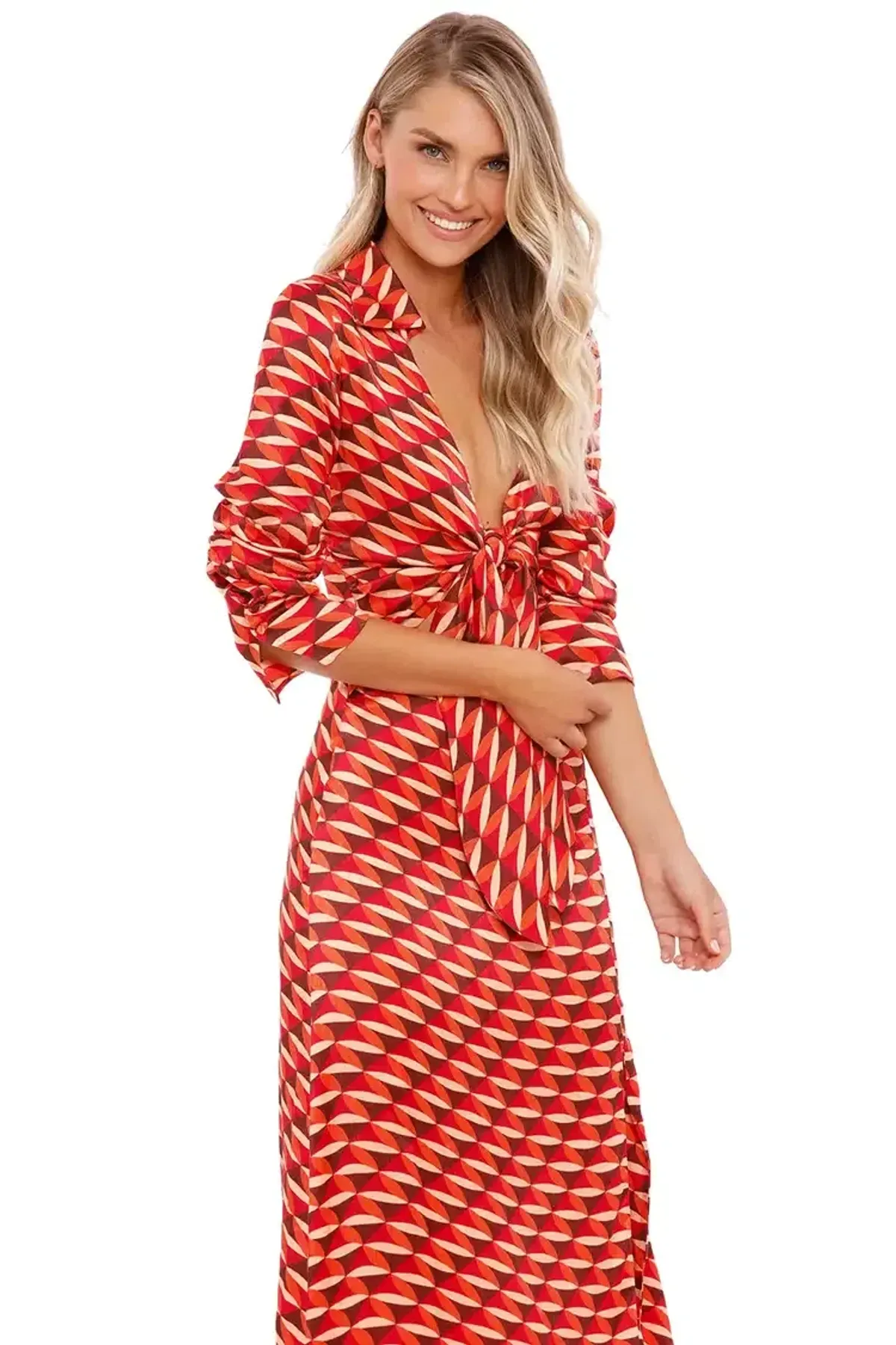 Nicholas Perle Tie Front Midi Dress in Geo Print Size 8 - Image 1