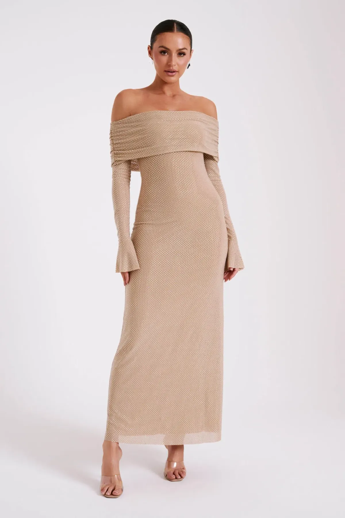 Meshki Marcel Off Shoulder Diamante Maxi Dress Nude for rent on The Volte - main image