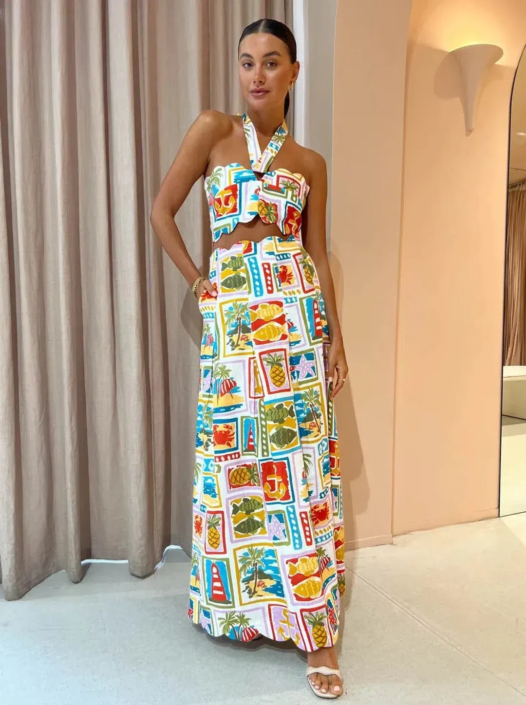 By Nicola Sea Change Top & Maxi Skirt Set In Summer Vacation Print Size 6 for rent on The Volte - main image