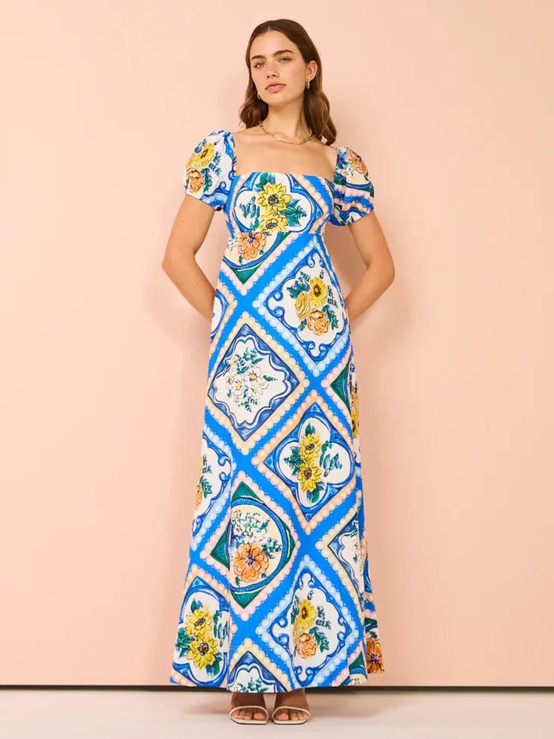By Nicola Mariposa Puff Sleeve Maxi Dress in Azure Floral Size 8 for rent on The Volte - main image